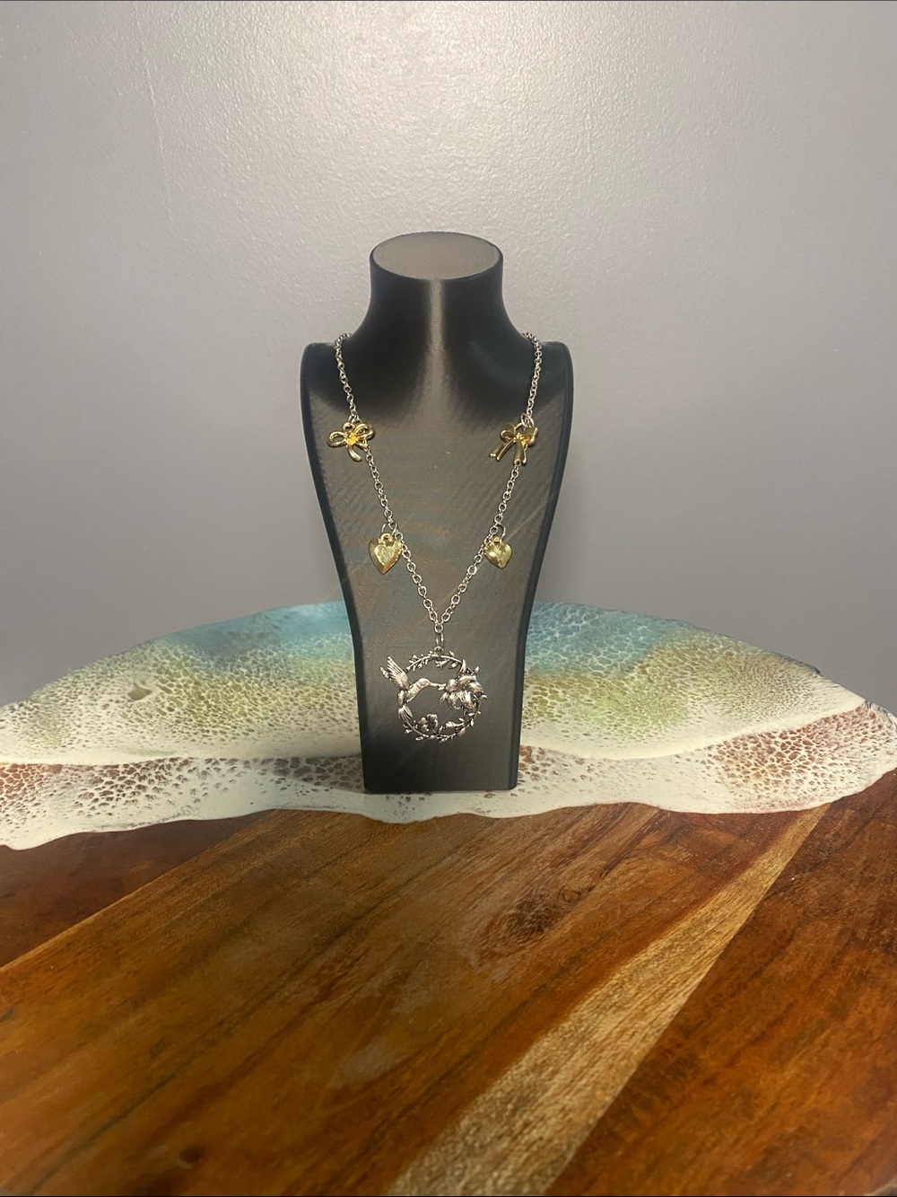Silver and Gold Mixed-Metal Charm Necklace—hummingbird